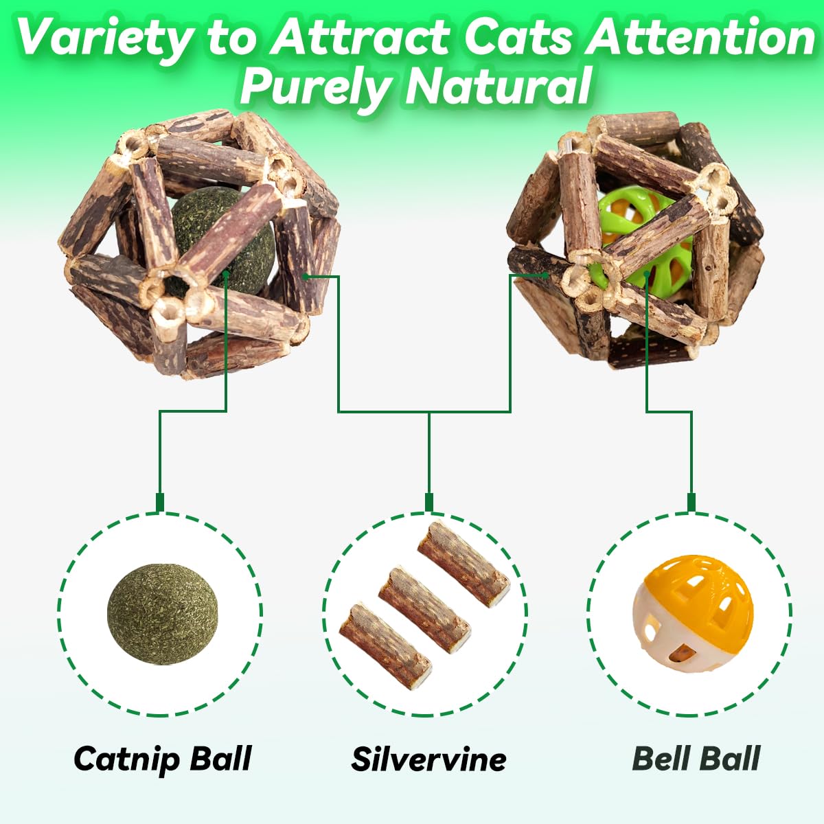 QUVOVID Cat Catnip Toys 3 Packs Catnip Ball Toys, Nature Silvervine Stick Cage Cat Bell Balls, Catnip Toys for Cleaning Teeth, Relaxing Cats, Cat Toys for All Breeds