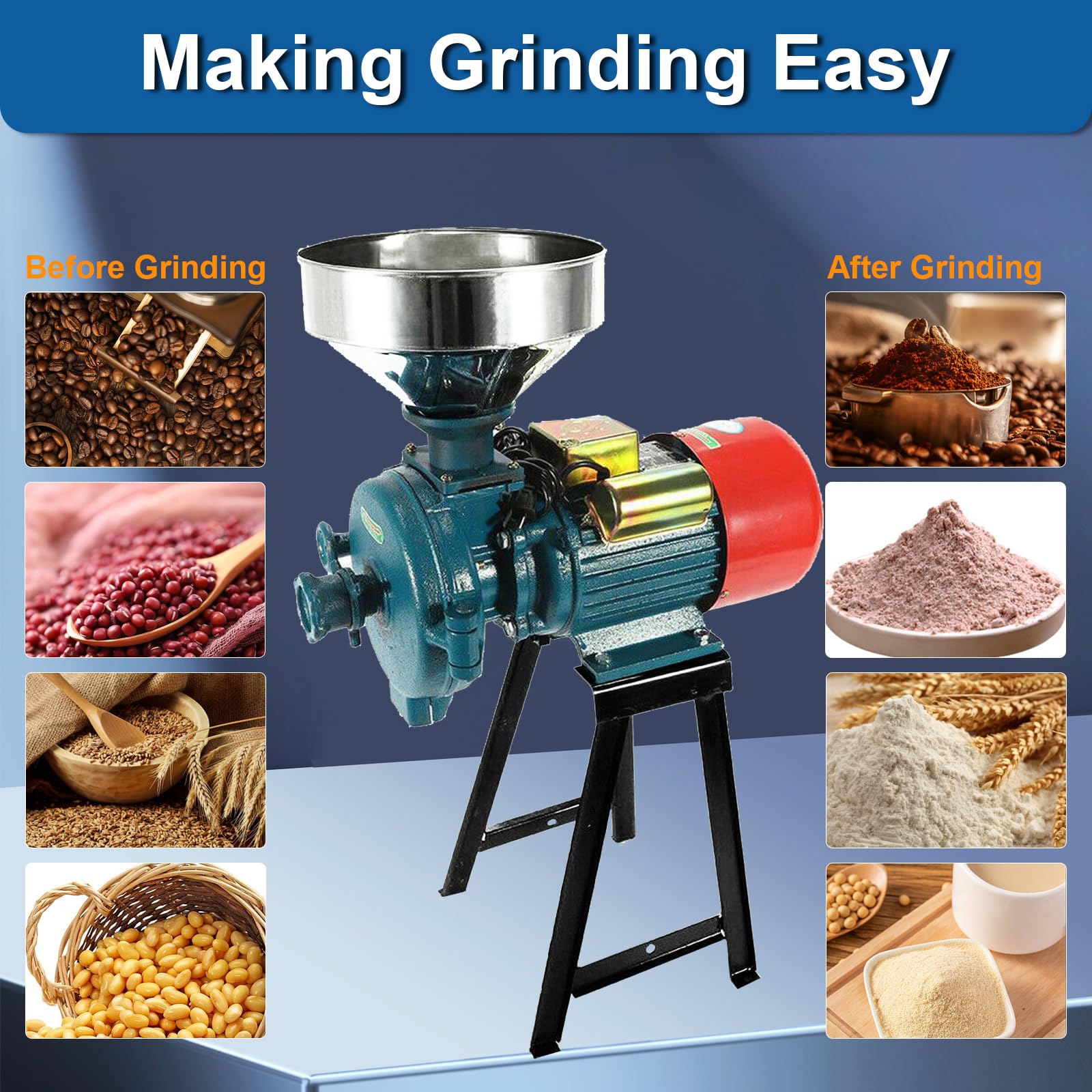 EVGTTI Electric Grain Grinder Mill 3000W, 110V Dry Cereals Grinder with Funnel, Commercial Electric Feed Mill Dry Grinder, Rice Corn Grain Coffee Wheat Feed Mill Flour Mill