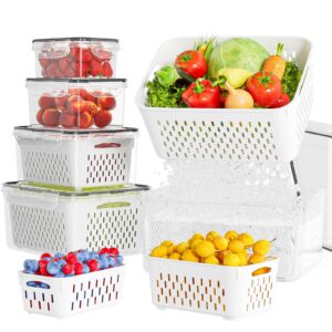 kemethy 5 pack fruit storage containers for fridge with removable colanders - food storage containers with lids, bpa-free produce containers keep fruits, vegetables, berry, meat fresh longer