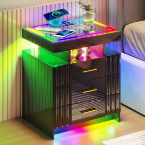 SKKTKT Night Stand Set of 2 with Wireless Charging Station,RGB LED Nightstand with Glass Top and 3 Drawers, Bedside Table with Auto-on/Off Light, Modern End Side Table for Bedroom, Black