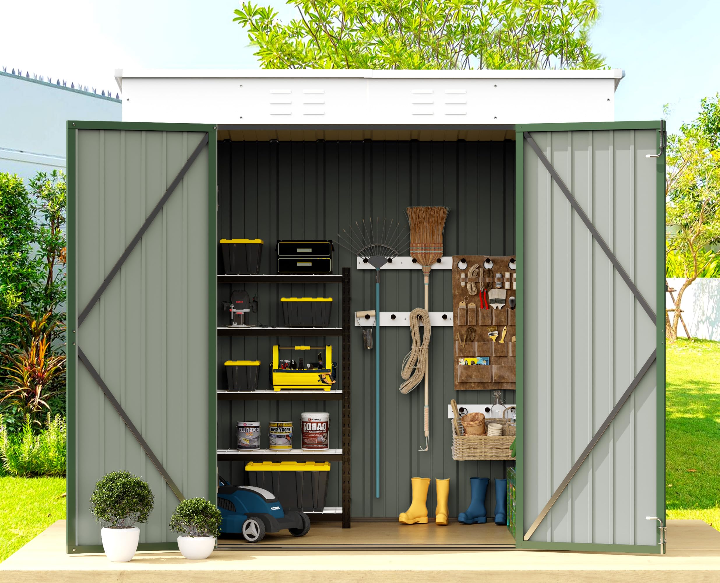 Greesum Outdoor Storage Shed 6x4FT All Weather Metal Garden Shed with Lockable Double Doors for Garden Tools, Toys and Sundries, Green