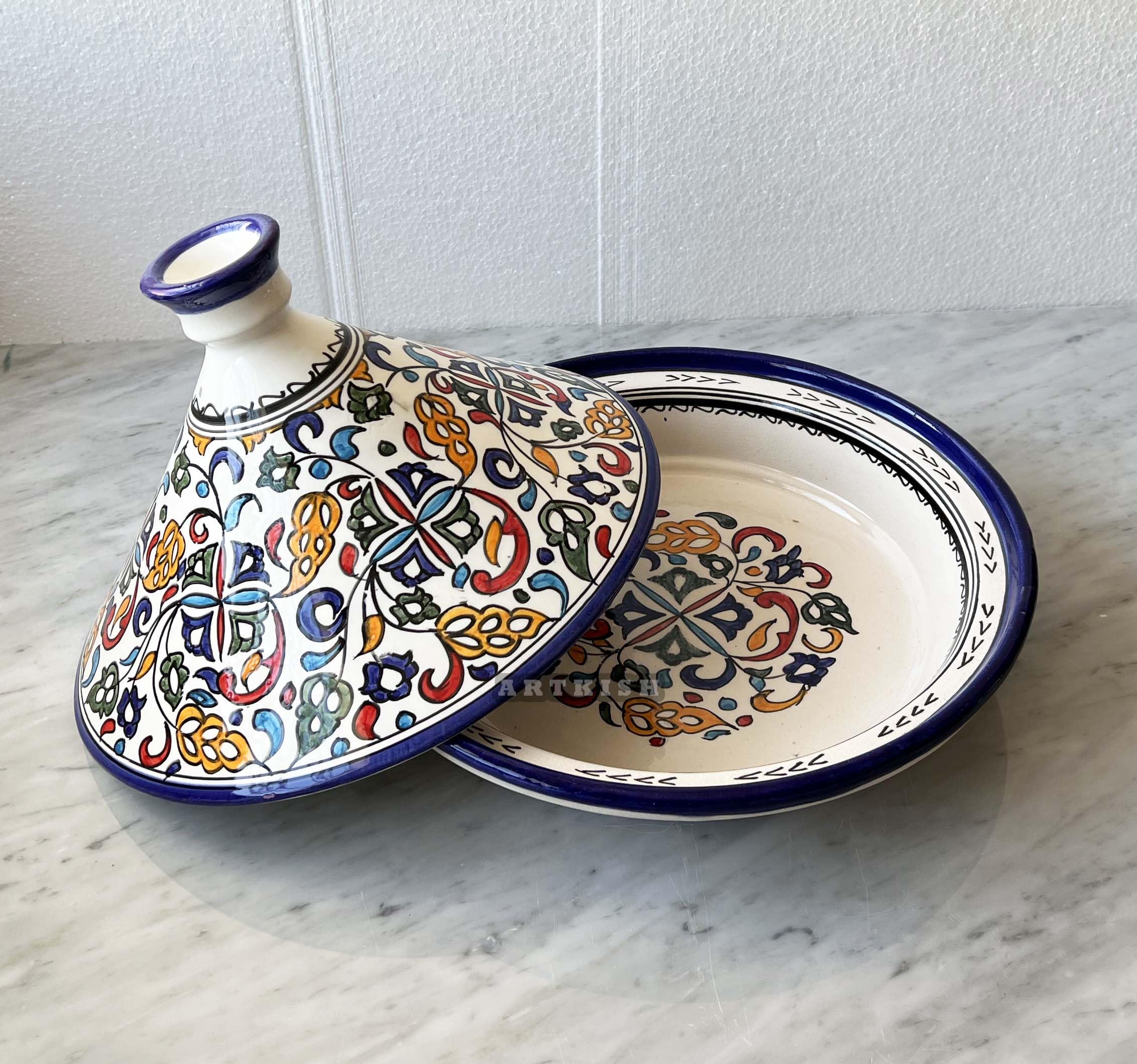 ARTKISH Hand Painted Moroccan Ceramic Tagine Cooking Pot Cookware for Cook and Serving - Pottery Tajin Dishware Perfect Housewarming Gift. (35cm = 14 inch)