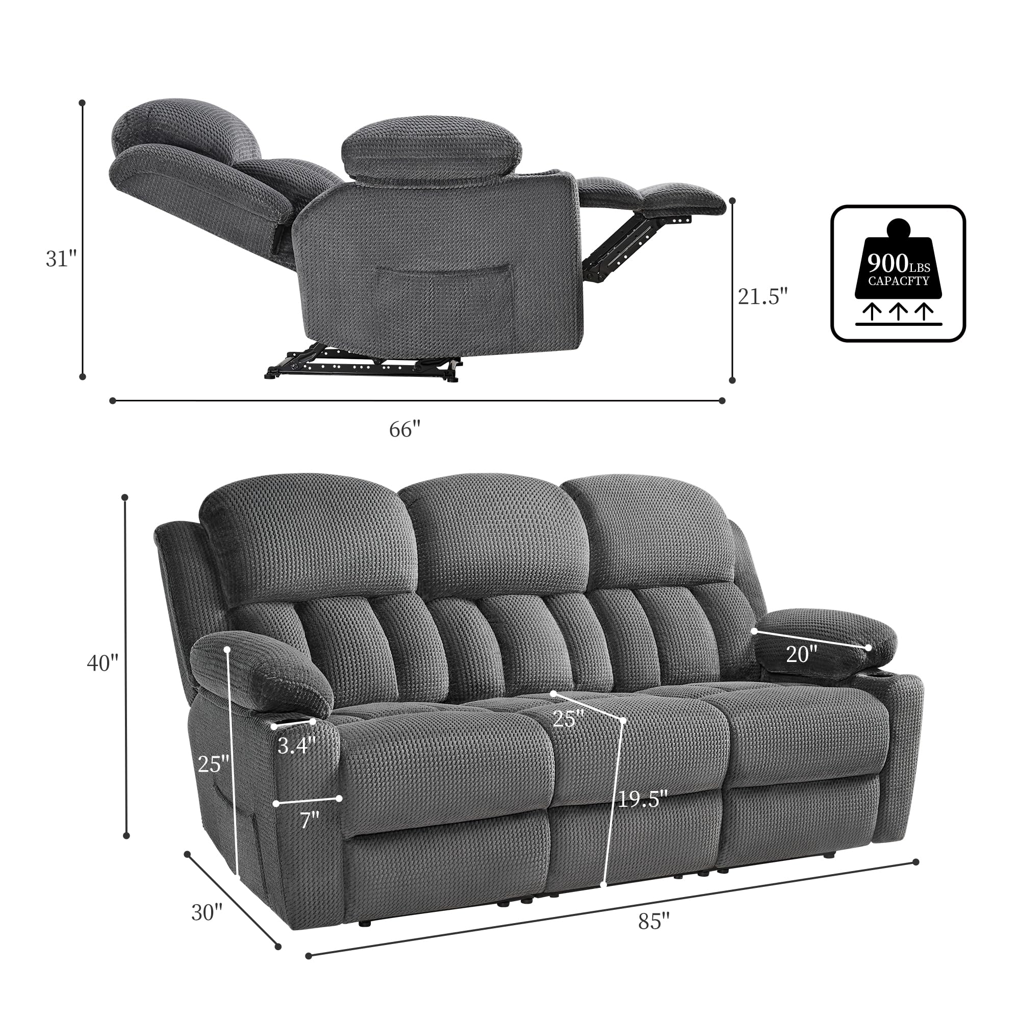 VanAcc Recliner Couch, 3 Seater Sofa Recliner with Cup Holders for Living Room- 85 inch Comfy Couch with Dual Wingback Recliner, Grey Oversized Recliner