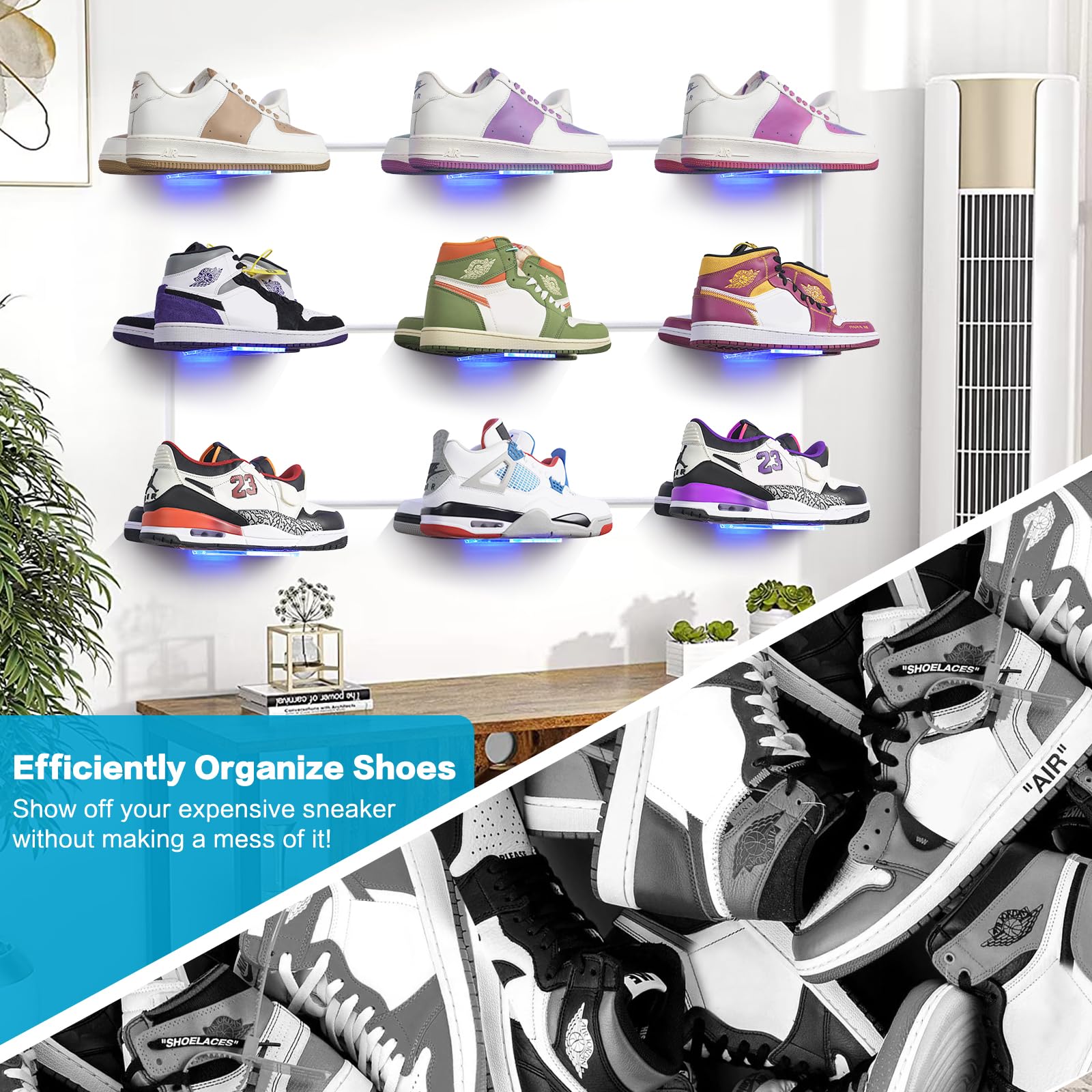 DILIBRA Set of 6 Floating Shoe Display Shelf with Lights, Glow Color Changing Clear Acrylic Shoe Shelf for Wall, Levitating Sneaker Shelves Wall Mount for Display Your Top Shoes Collection