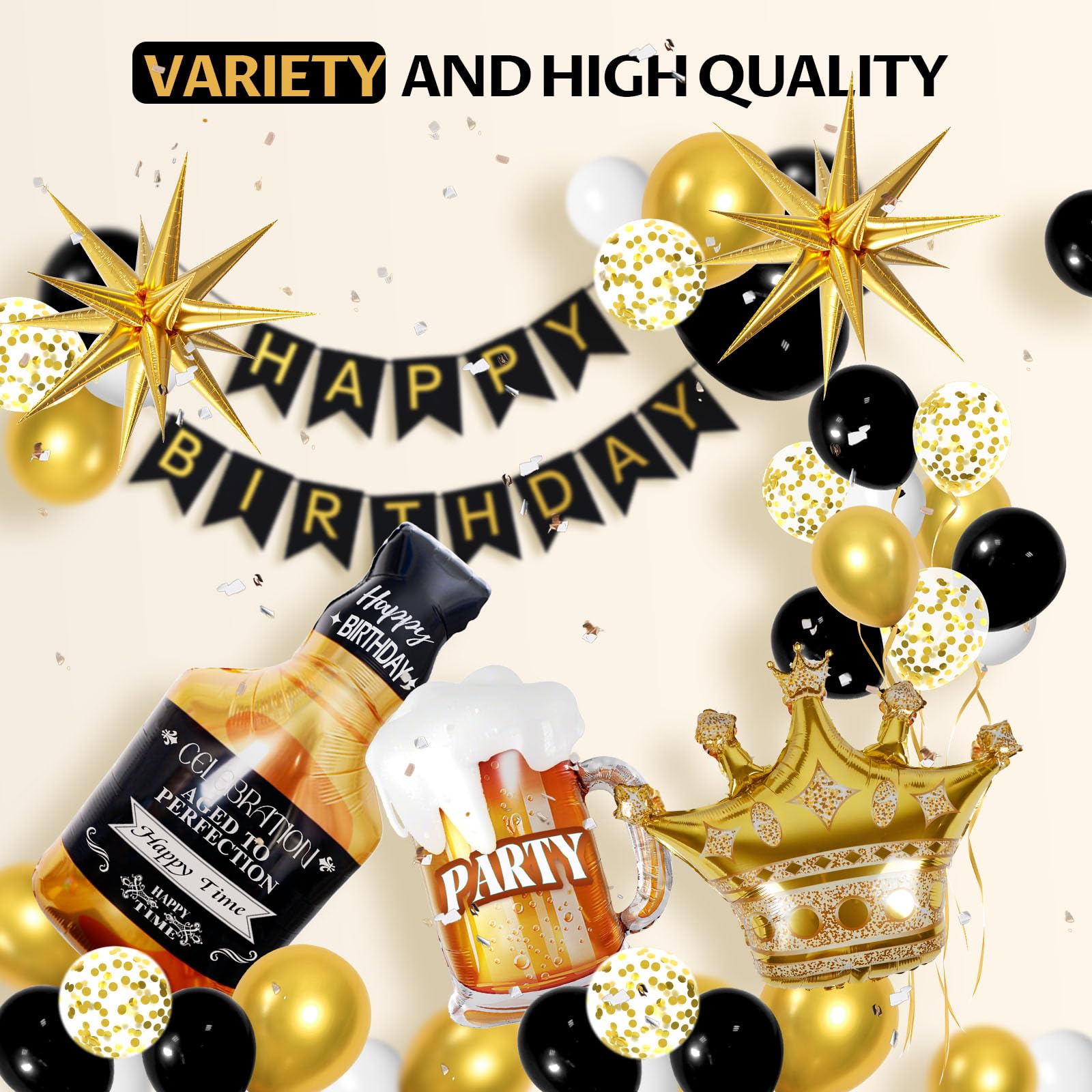 107pcs Black Gold Birthday Party Decorations with Happy Birthday Banner Foil Balloons for 16th 18th 21st 22th 32th 40th 50th 60th Birthday Decorations for Men