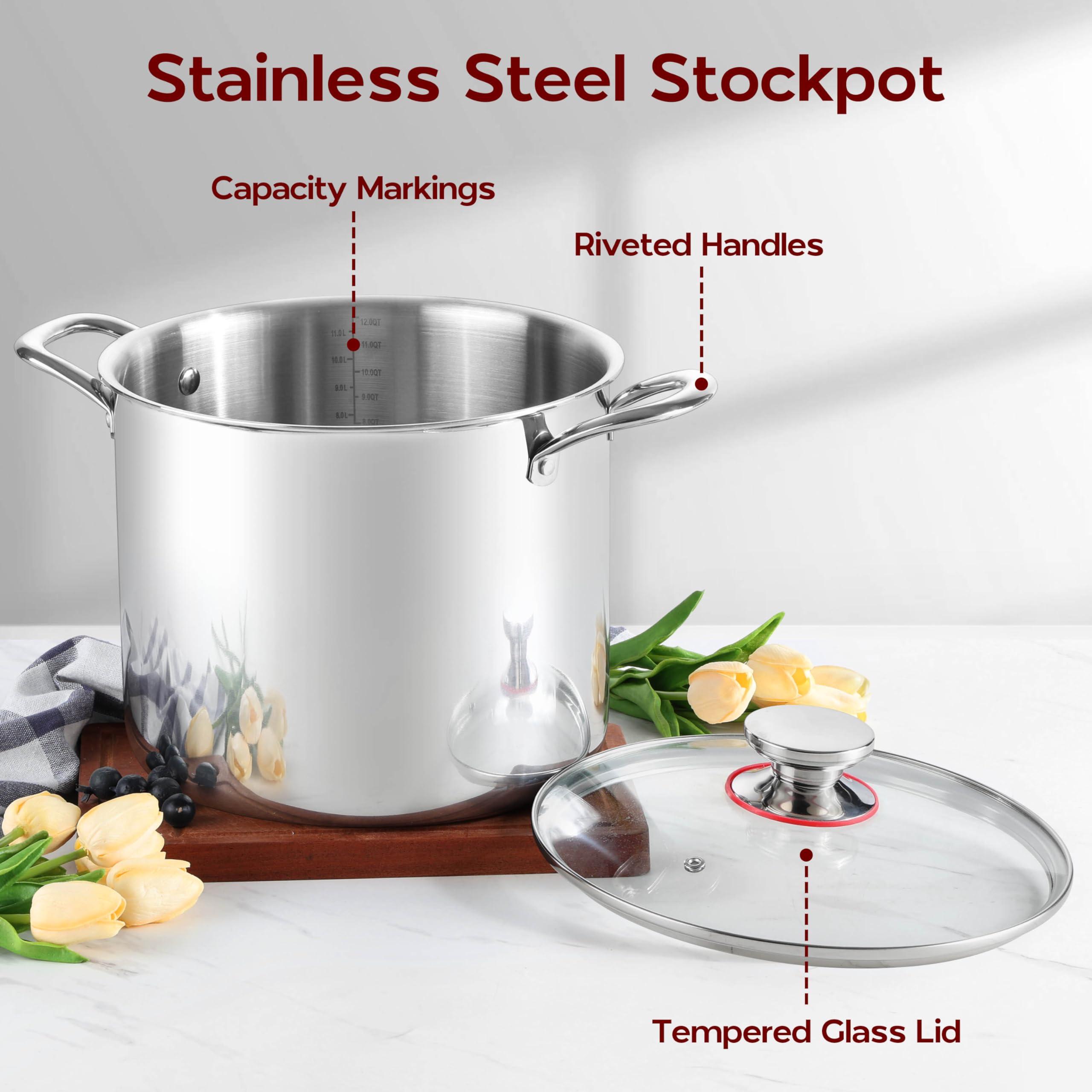 Onader 12QT Large Stainless Steel Stock Pot with Lid Tri-ply Cooking Soup Stockpot