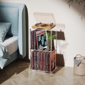 Bkemiy Acrylic Record Player Stand, 3-Tier Clear Turntable Table with Vinyl Record Storage, 15.75" L x 11.81" W x 30.7" H, Modern Side Table/End Table