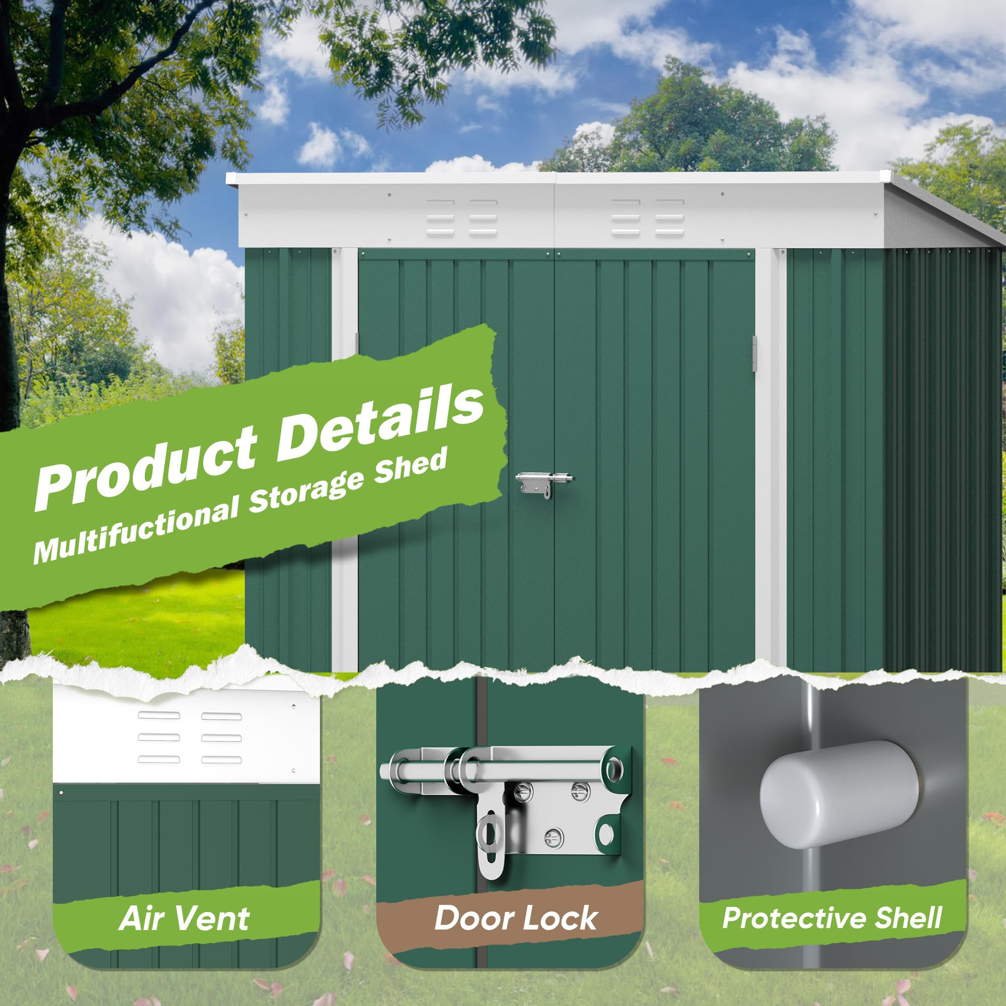 Greesum Outdoor Storage Shed 6x4FT All Weather Metal Garden Shed with Lockable Double Doors for Garden Tools, Toys and Sundries, Green