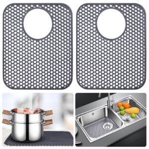 silicone kitchen sink mats 2pcs, large sink protectors for kitchen sink, 13.58*11.6" dish drying mat for bottom of stainless steel sink, rear drain non-slip heat resistant sink protector mat(gray) (2)