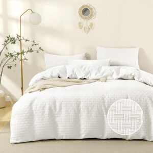 jellymoni white duvet cover king size - 3 pieces soft and breathable microfiber knitted jacquard waffle weave striped comforter cover with 8 corner ties & zipper closure