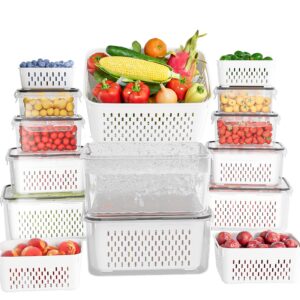 kemethy 10 pack fruit storage containers for fridge with removable colanders - food storage containers with lids, bpa-free produce containers keep fruits, vegetables, berry, meat fresh longer