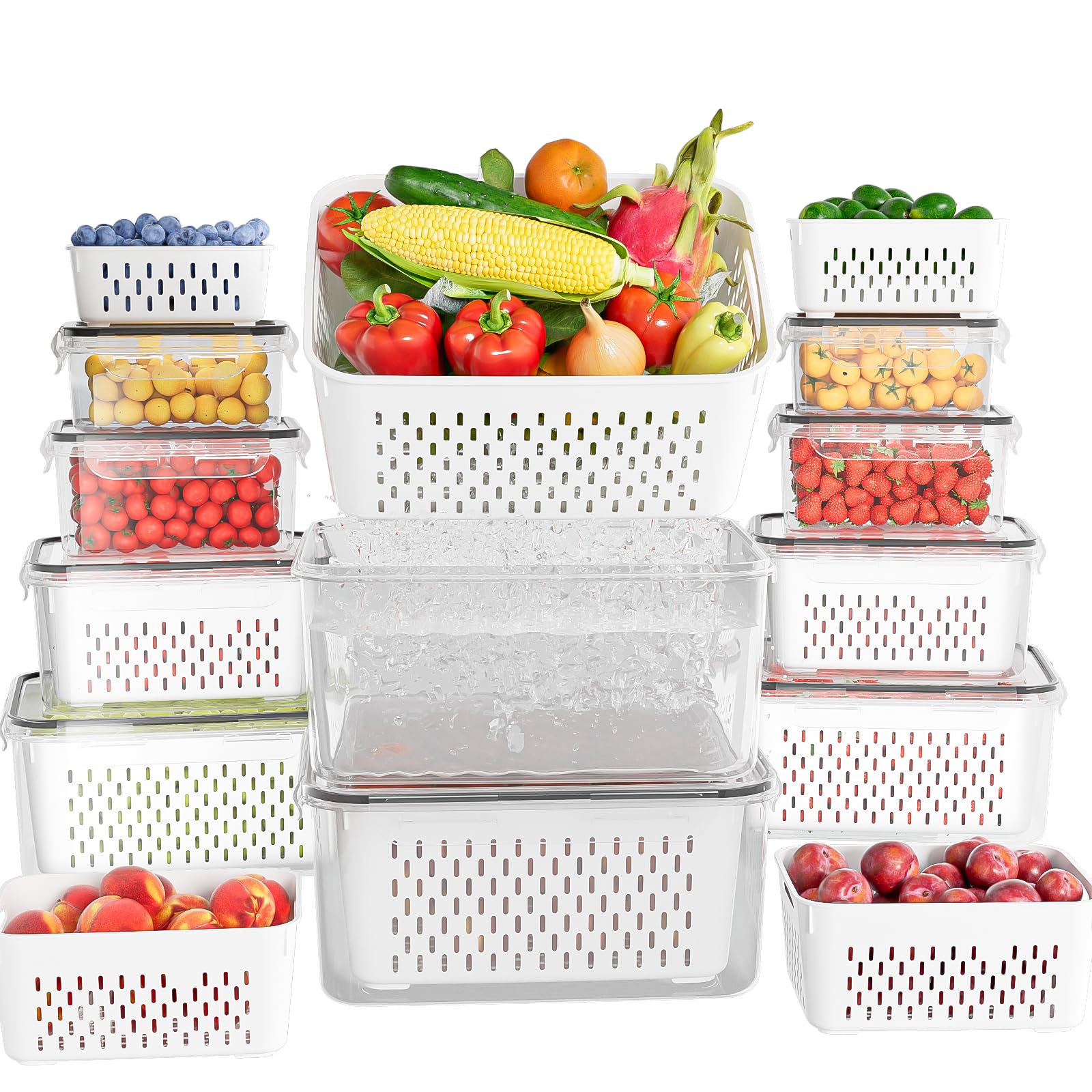 KEMETHY 10 Pack Fruit Storage Containers for Fridge with Removable Colanders - Food Storage Containers with Lids, BPA-Free Produce Containers Keep Fruits, Vegetables, Berry, Meat Fresh Longer