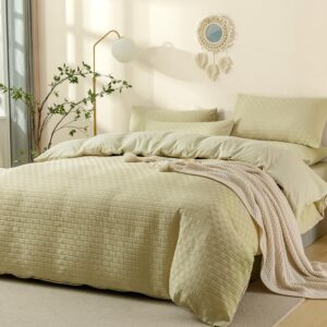 JELLYMONI Beigish Green Duvet Cover Full Size - 3 Pieces Soft and Breathable Microfiber Knitted Jacquard Waffle Weave Striped Comforter Cover with 8 Corner Ties & Zipper Closure