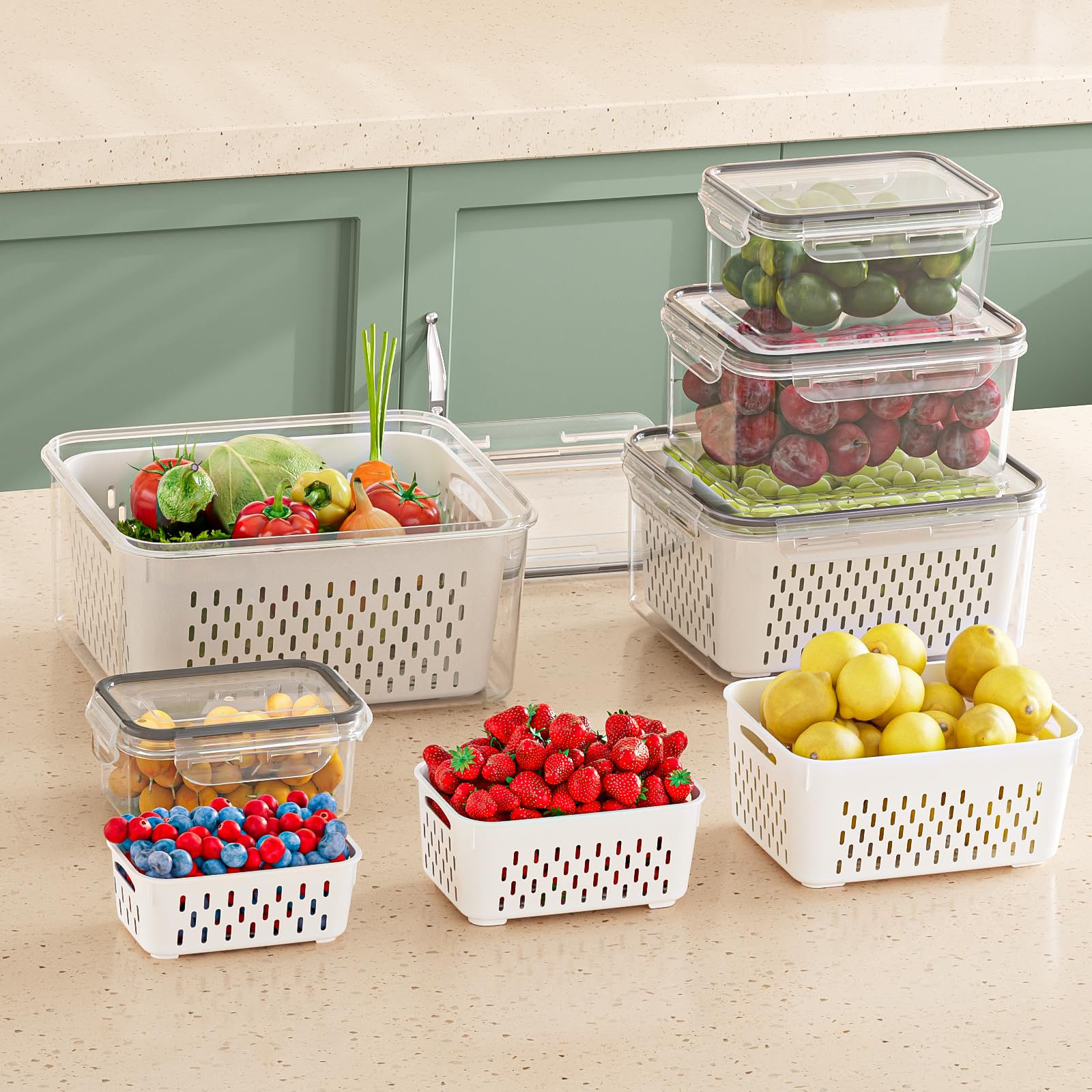 KEMETHY 5 Pack Fruit Storage Containers for Fridge with Removable Colanders - Food Storage Containers with Lids, BPA-Free Produce Containers Keep Fruits, Vegetables, Berry, Meat Fresh Longer