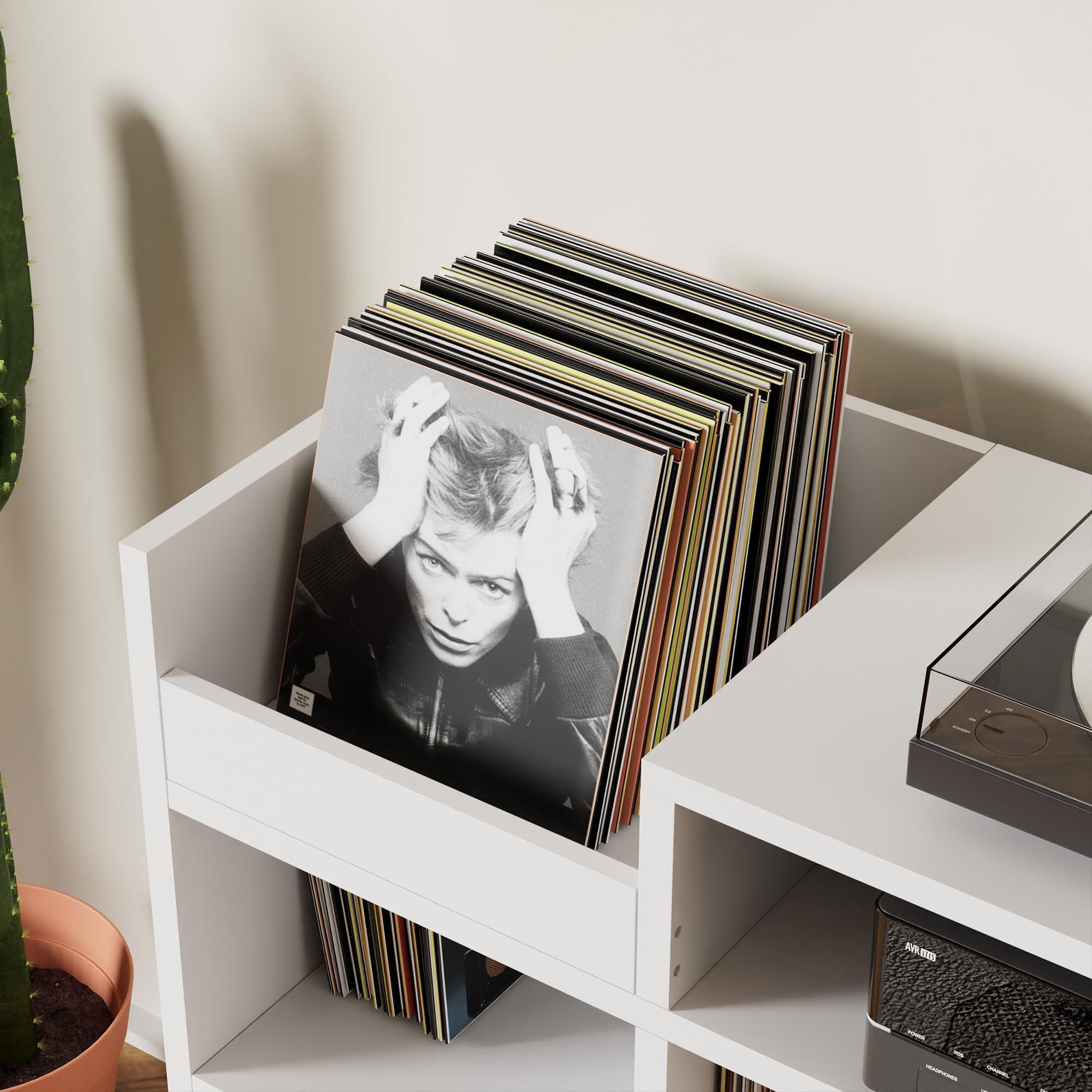 Record Storage Cabinet, Turntable Shelf with Vinyl Storage up to 500 Albums, Vinyl Record Player Shelf with Power Outlet Sideboard Buffet Cabinet with Storage Accent Cabinets for Living Room (White)