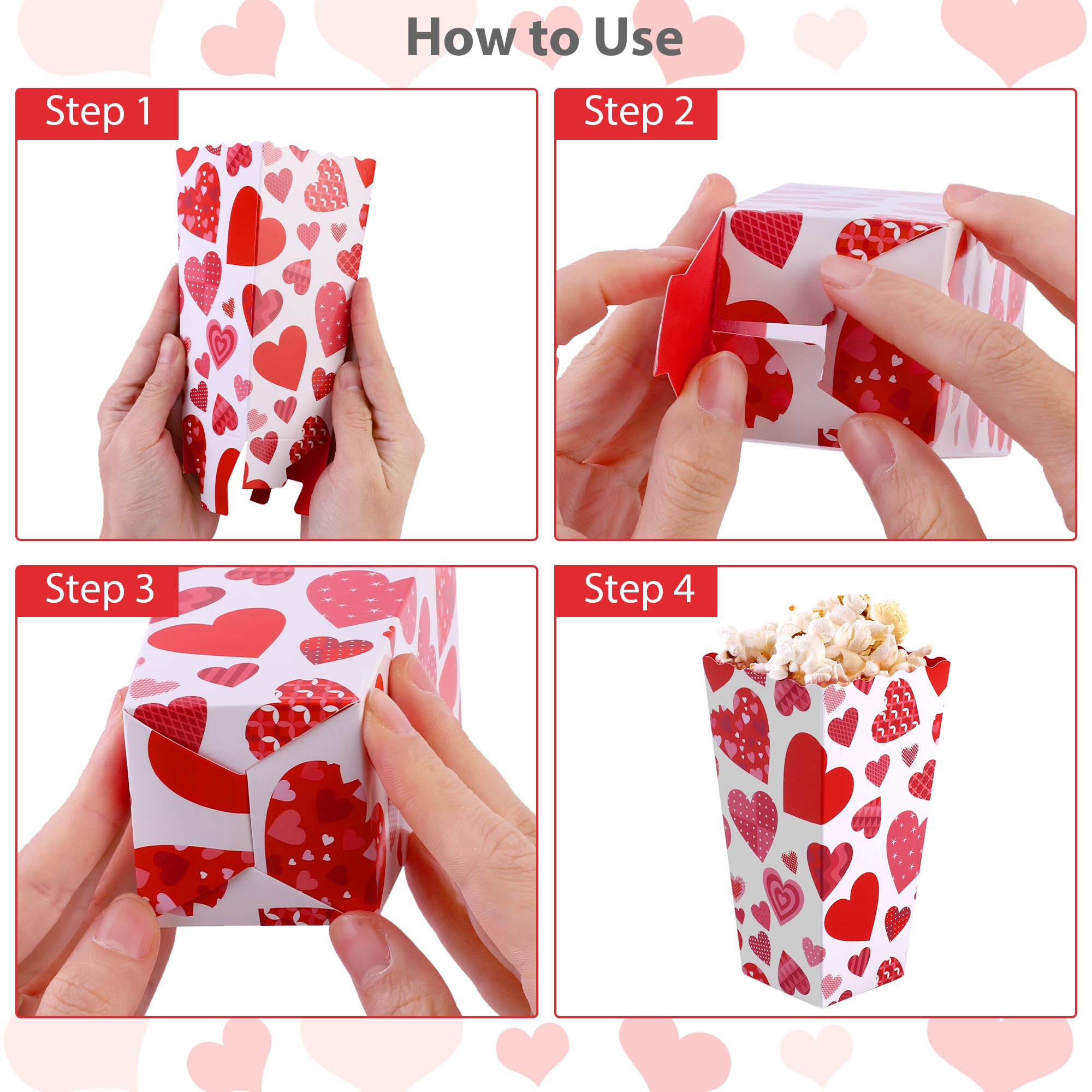 MIMIND 100 Pieces Valentine's Day Popcorn Boxes Love Heart Conversation Treat Candy Goodie Boxes Cardboard Popcorn Container for Valentine Wedding Birthday Party Supplies, 4 Designs