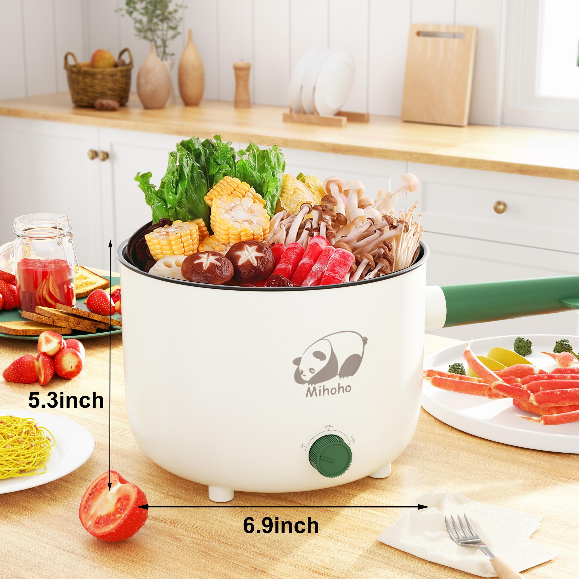 Electric Hot Pot with Steamer, Portable Nonstick Frying Pan with Dual Power Control, Electric Shabu Shabu Cooker for Noodle, Oatmeal, Pasta, Ramen, 1.5L (Green)