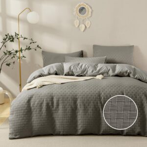 jellymoni grey duvet cover king size - 3 pieces soft and breathable microfiber knitted jacquard waffle weave striped comforter cover with 8 corner ties & zipper closure