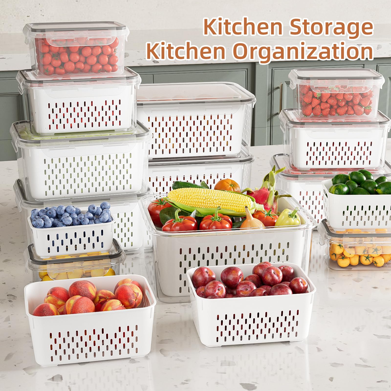 KEMETHY 10 Pack Fruit Storage Containers for Fridge with Removable Colanders - Food Storage Containers with Lids, BPA-Free Produce Containers Keep Fruits, Vegetables, Berry, Meat Fresh Longer