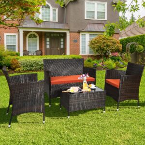 Tangkula 4-PCS Patio Rattan Conversation Set, Outdoor Wicker Furniture Set with Tempered Glass Coffee Table &Thick Cushion, Rattan Chair Wicker Set for Garden, Lawn, Poolside and Backyard (1, Orange)