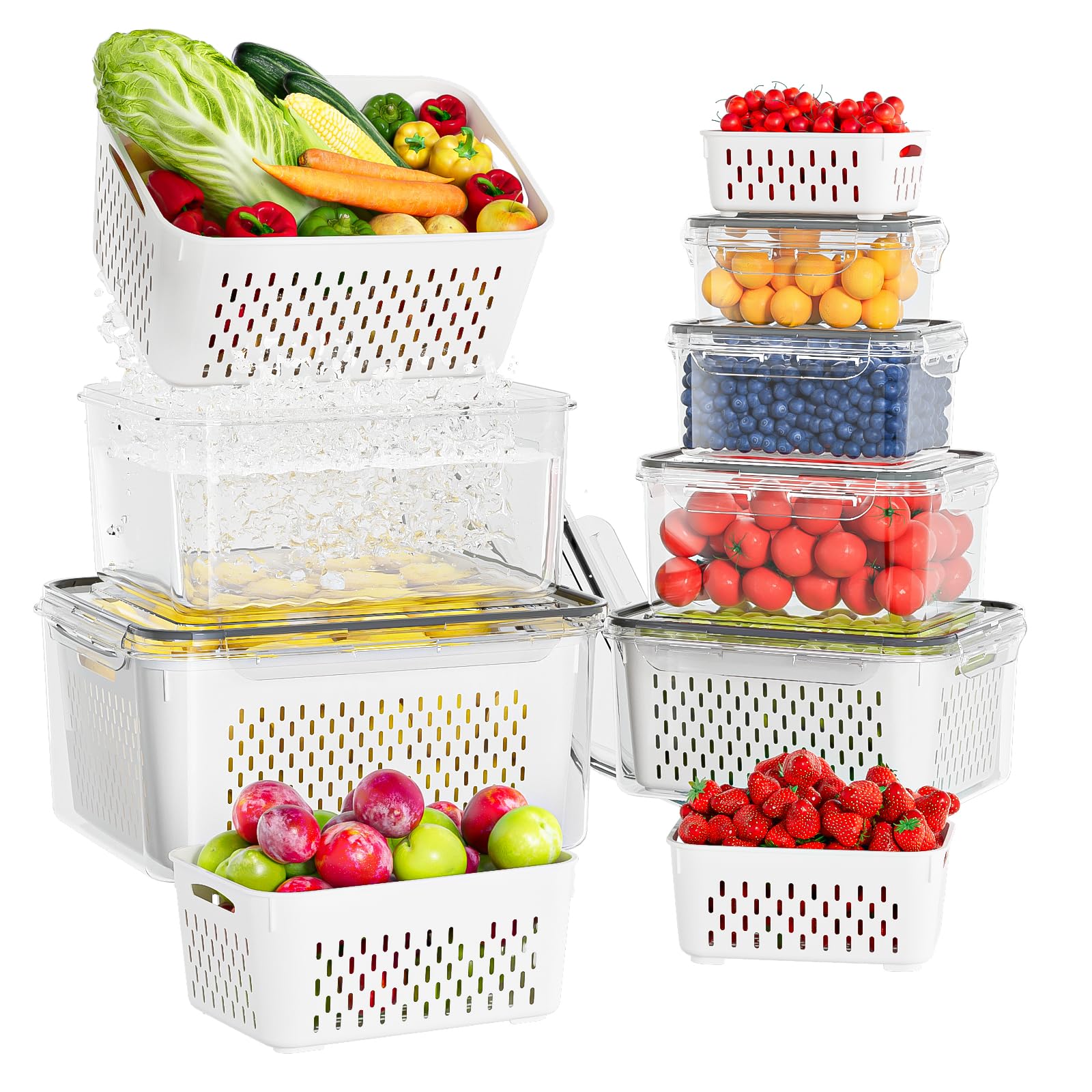 6 Pcs Large Fruit Containers For Fridge, Airtight Food Storage Containers with Removable Colander, Dishwasher & Microwave Safe, Berry Produce Container Keep Vegetable, Fruit, Meat Fresh Longer