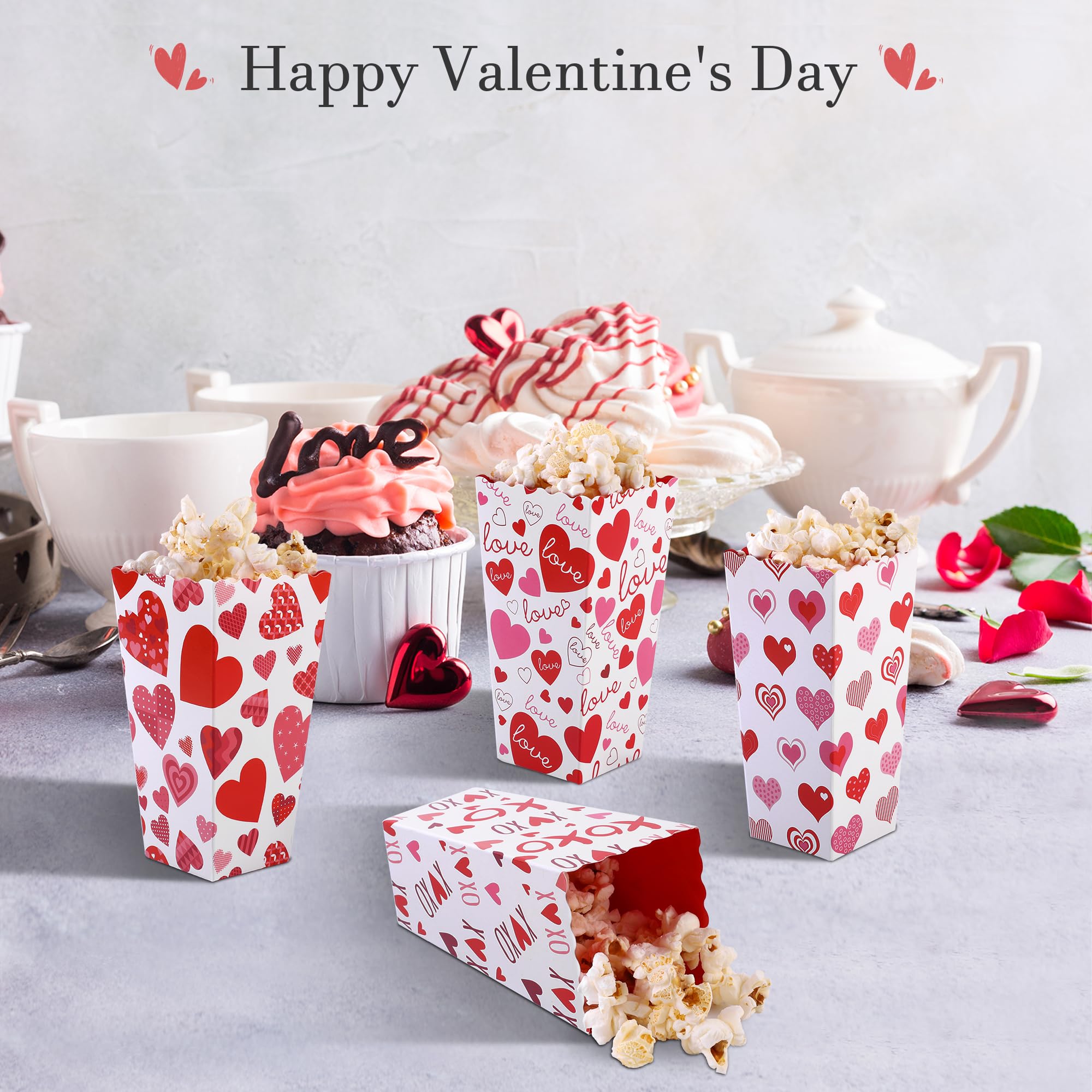 MIMIND 100 Pieces Valentine's Day Popcorn Boxes Love Heart Conversation Treat Candy Goodie Boxes Cardboard Popcorn Container for Valentine Wedding Birthday Party Supplies, 4 Designs