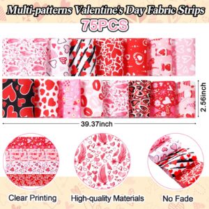 Buryeah 75 Pcs Valentine's Day Fabric Roll 2.5 Inch Red Heart Precut Fabric Quilting Strip Holiday Prints Fabric Bundle for Quilting Cloth Patchwork Sewing DIY Craft, 15 Styles