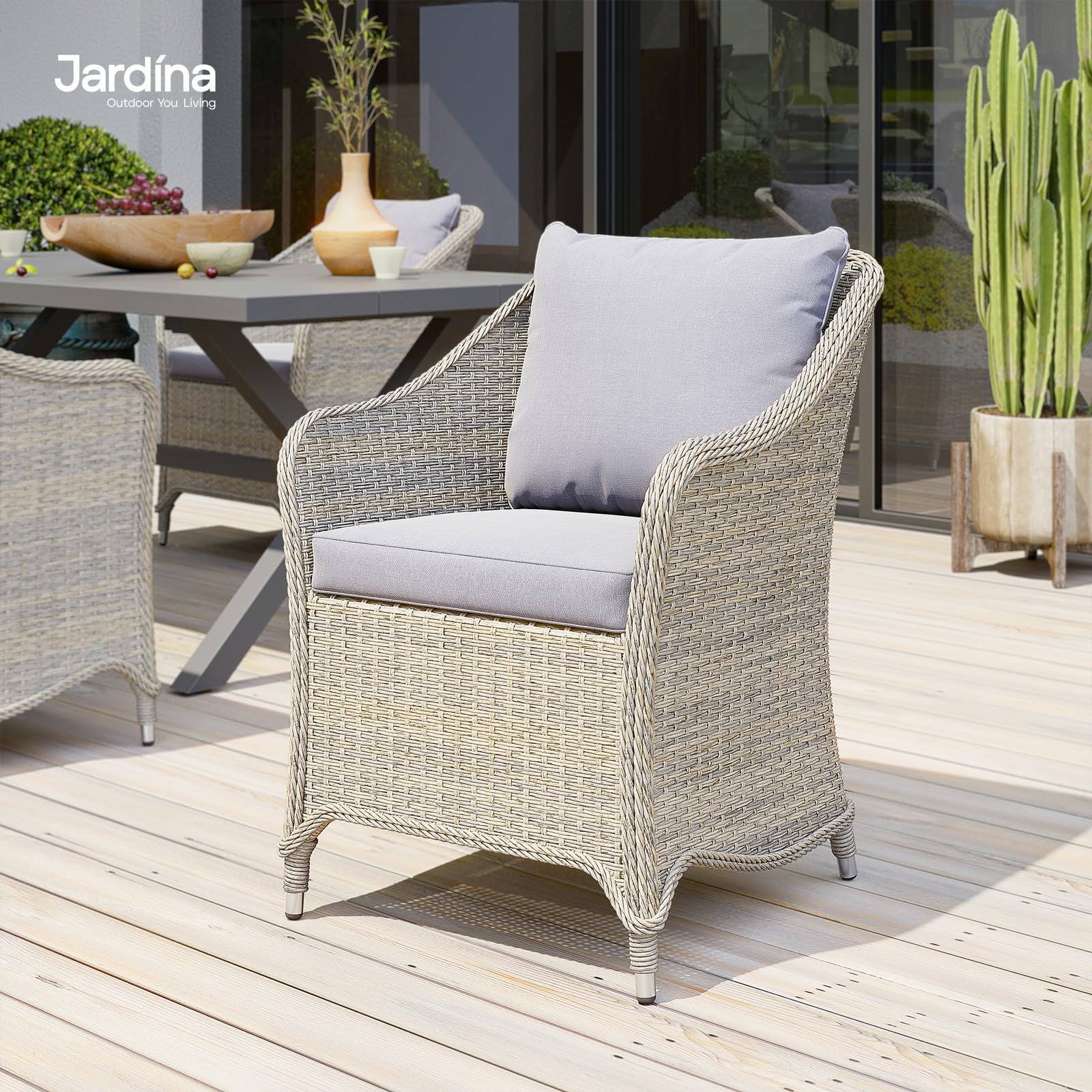 JARDINA Outdoor PE Wicker Patio Dining Chairs Rattan Seat with Cushion Pillow and Adjustable Table Legs for Outdoor Patio Backyard,Balcony (Grey)