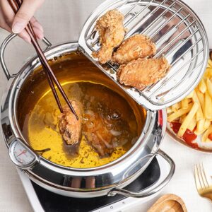 Deep Fryer Pot, Japanese Style Tempura Deep Fryer Frying Pot With Thermometer, Lid, Oil Drip Drainer Rack for French Fries Fish Shrimp Chicken 7.9 Inch/2.2 L 304 Stainless Steel Gifts