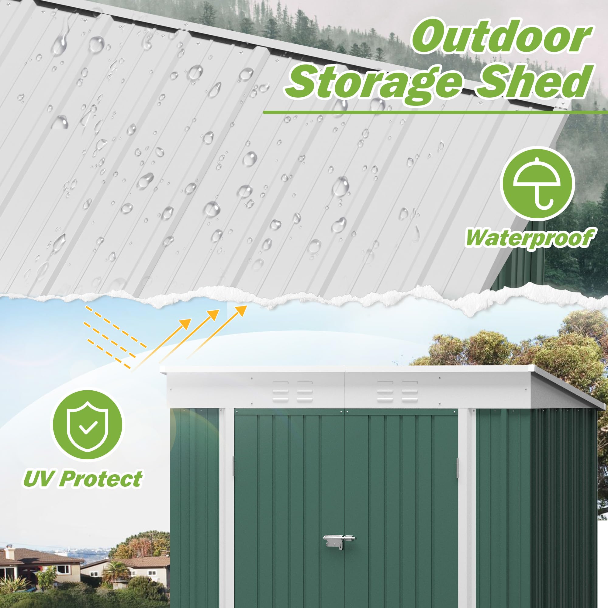 Greesum Outdoor Storage Shed 6x4FT All Weather Metal Garden Shed with Lockable Double Doors for Garden Tools, Toys and Sundries, Green