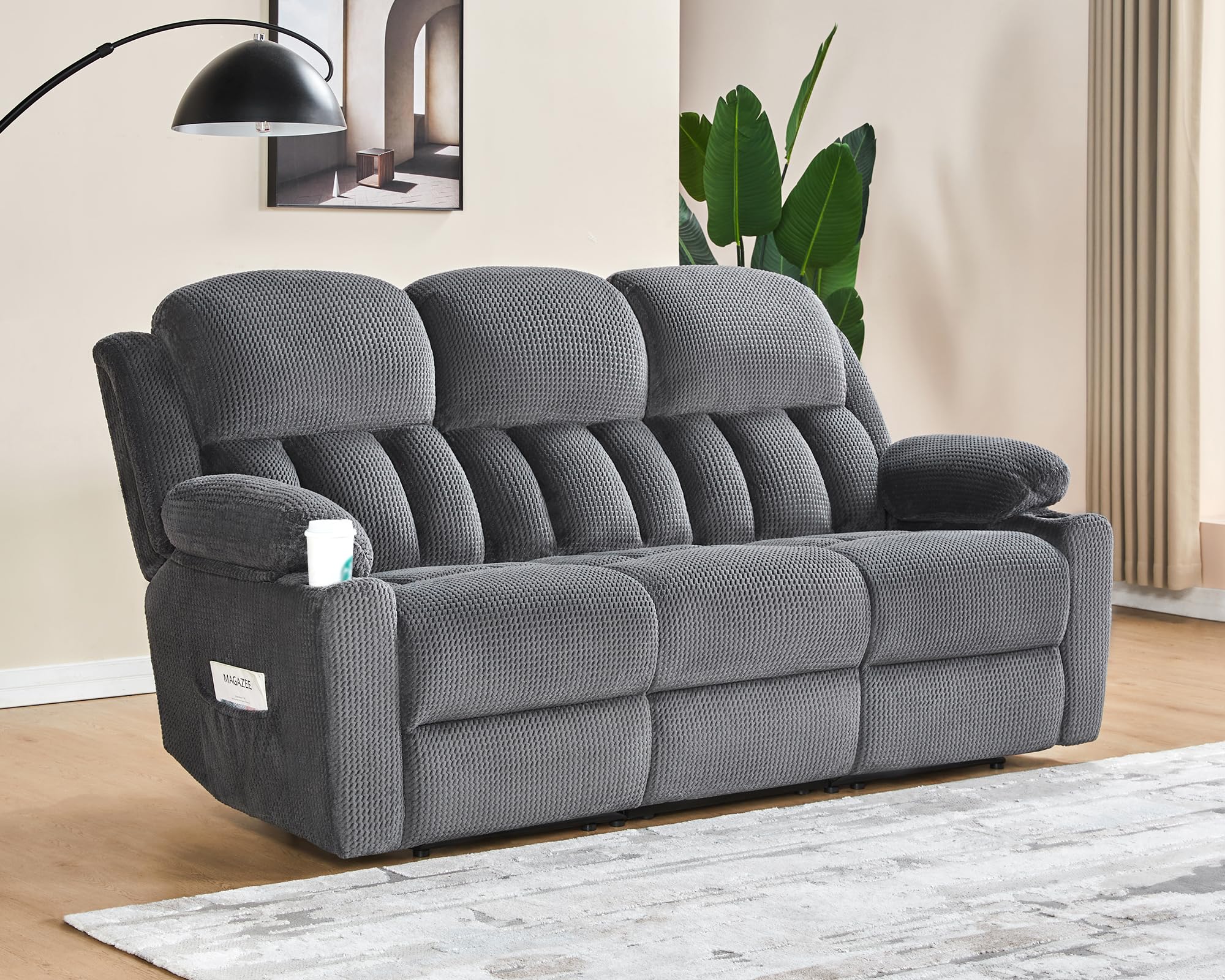 VanAcc Recliner Couch, 3 Seater Sofa Recliner with Cup Holders for Living Room- 85 inch Comfy Couch with Dual Wingback Recliner, Grey Oversized Recliner