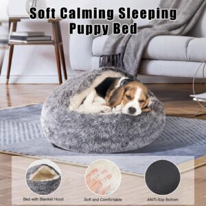 Calming Dog Beds & Cat Cave Bed with Hooded Cover,Washable Round Beds for Small Medium Pets,Anti-Slip Faux Fur Fluffy Coved Bed,Comfortable Warming Pet Bed (20 * 20inch,Grey)