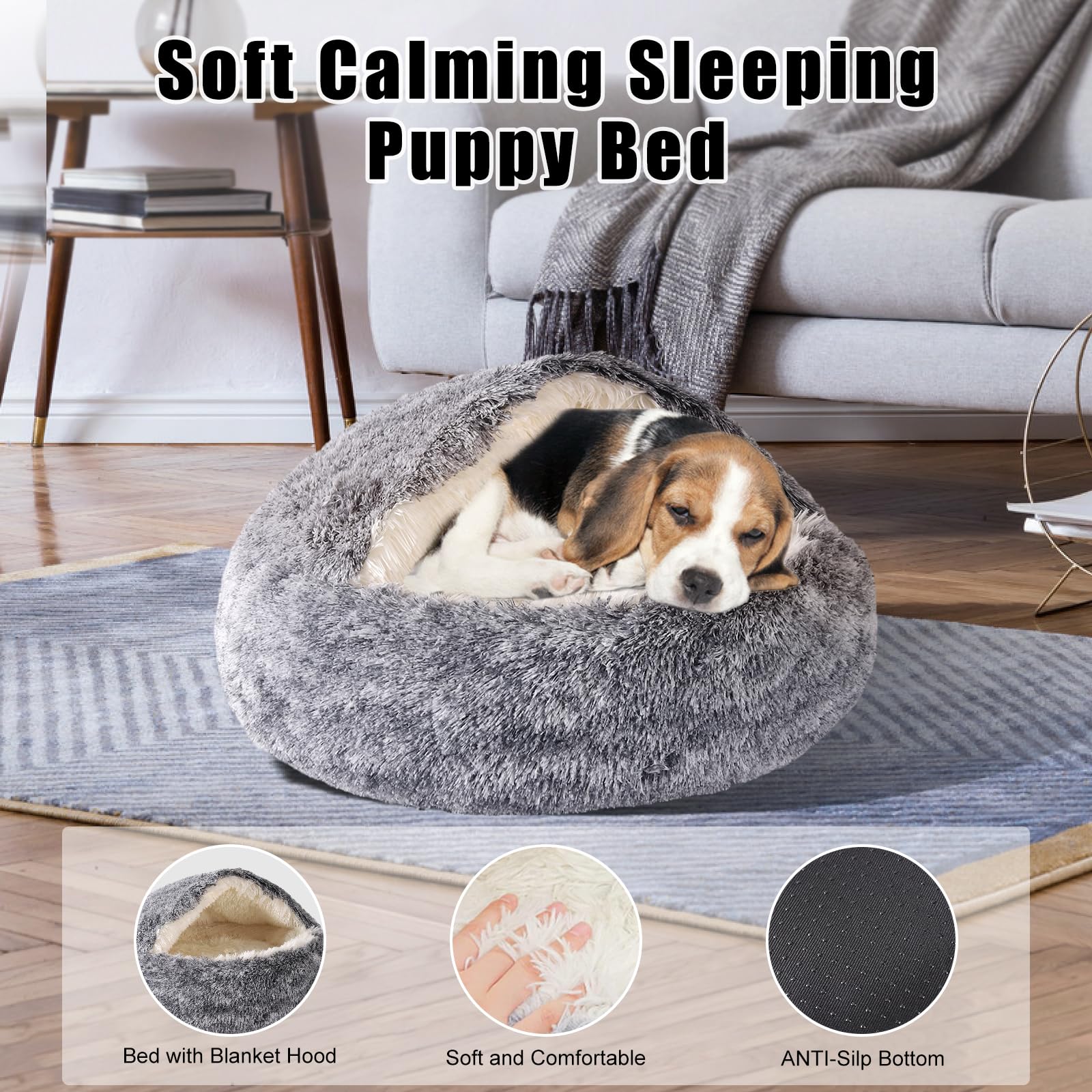 Calming Dog Beds & Cat Cave Bed with Hooded Cover,Washable Round Beds for Small Medium Pets,Anti-Slip Faux Fur Fluffy Coved Bed,Comfortable Warming Pet Bed (20 * 20inch,Grey)