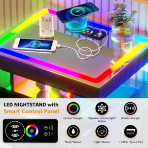 SKKTKT Night Stand Set of 2 with Wireless Charging Station,RGB LED Nightstand with Glass Top and 3 Drawers, Bedside Table with Auto-on/Off Light, Modern End Side Table for Bedroom, Black