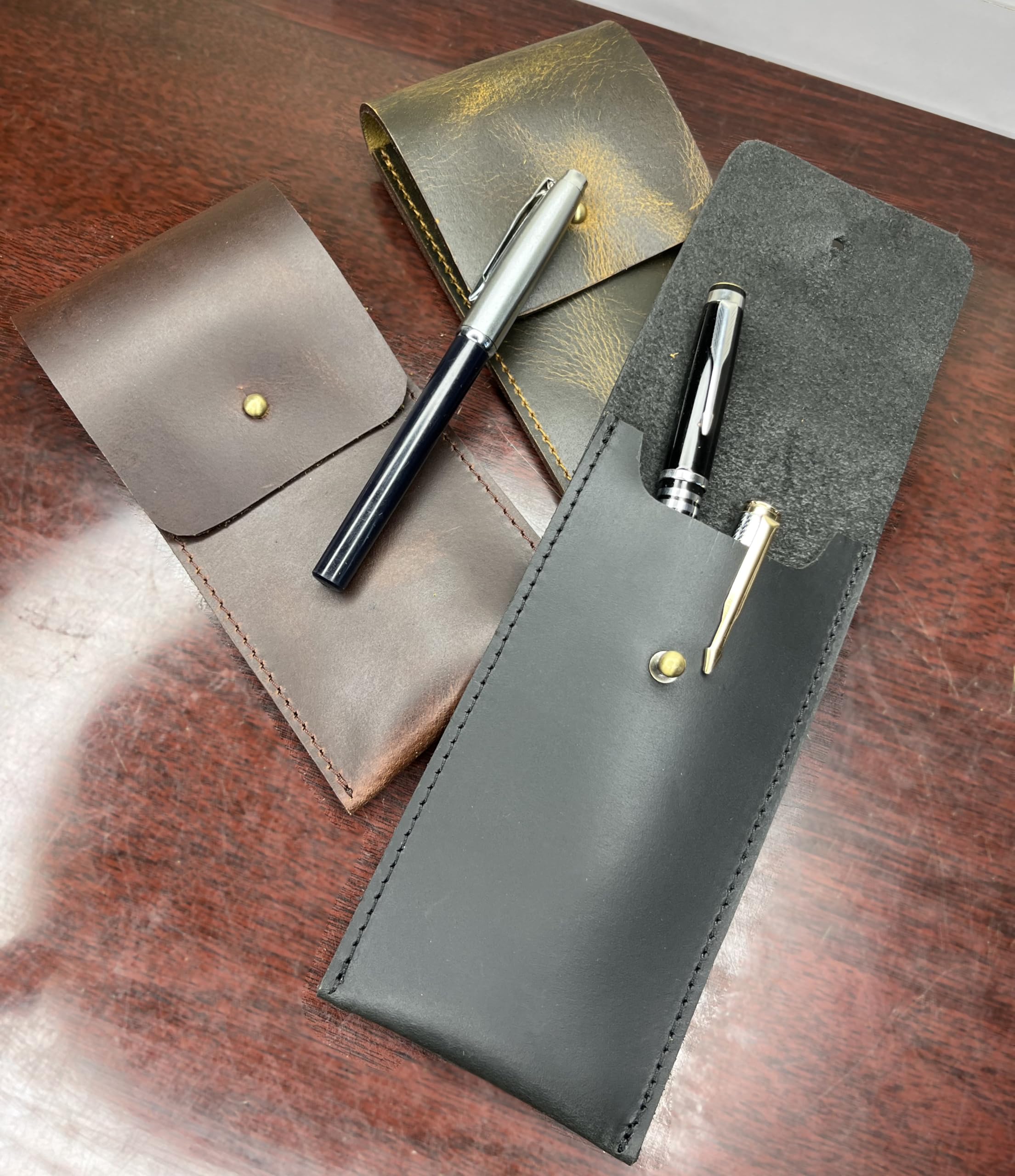 RUSTIC TOWN Leather Pen Case - Handmade Full-Grain Leather Pen Pencil Holder - Minimalist Pen Protective Sleeve Cover - Elegant & Practical Leather Pencil Pouch for Work & Office