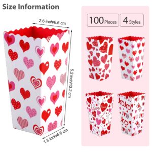 MIMIND 100 Pieces Valentine's Day Popcorn Boxes Love Heart Conversation Treat Candy Goodie Boxes Cardboard Popcorn Container for Valentine Wedding Birthday Party Supplies, 4 Designs