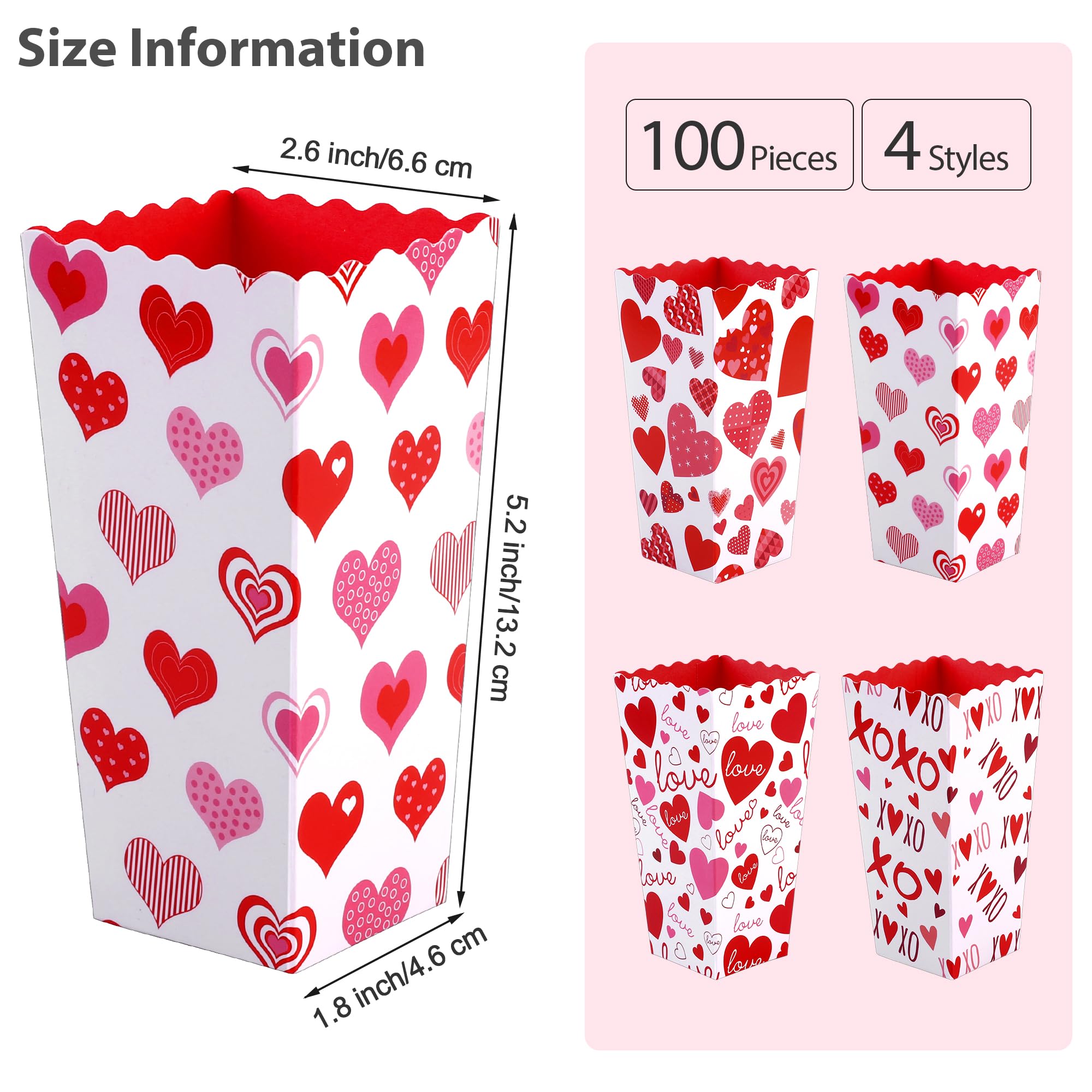 MIMIND 100 Pieces Valentine's Day Popcorn Boxes Love Heart Conversation Treat Candy Goodie Boxes Cardboard Popcorn Container for Valentine Wedding Birthday Party Supplies, 4 Designs