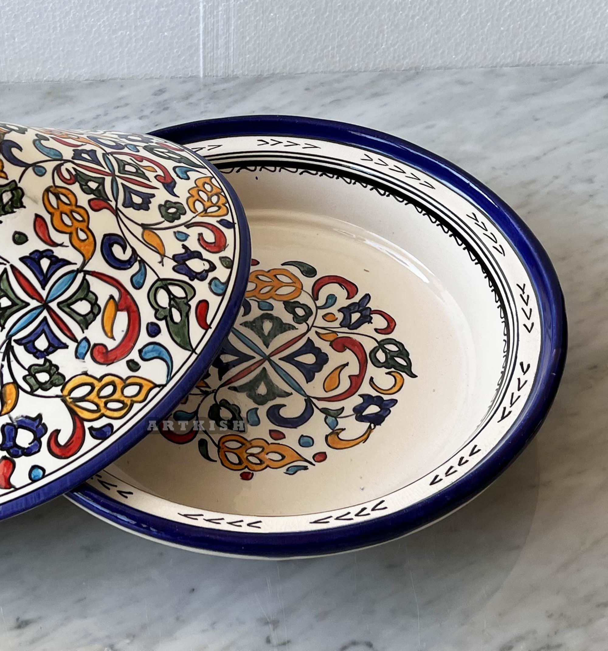 ARTKISH Hand Painted Moroccan Ceramic Tagine Cooking Pot Cookware for Cook and Serving - Pottery Tajin Dishware Perfect Housewarming Gift. (35cm = 14 inch)