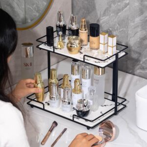 QTTCMY 2 Tier Bathroom Cabinet Countertop Organizer Perfume Lipstick Makeup Organizer Cosmetics Storage Display Rack Vanity Tray Metal Dresser Storage Shelf White Marble Ceramic Tray Black