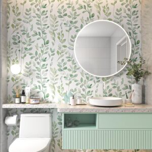 MelunMer Leaf Wallpaper Peel and Stick Wallpaper Boho Green Contact Paper for Cabinets Neutral Wallpaper for Bathroom Self-Adhesive Removable Wallpaper for Bedroom Decor Mural Waterproof 17.3"×78.7"