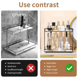 QTTCMY 2 Tier Bathroom Cabinet Countertop Organizer Perfume Lipstick Makeup Organizer Cosmetics Storage Display Rack Vanity Tray Metal Dresser Storage Shelf White Marble Ceramic Tray Black