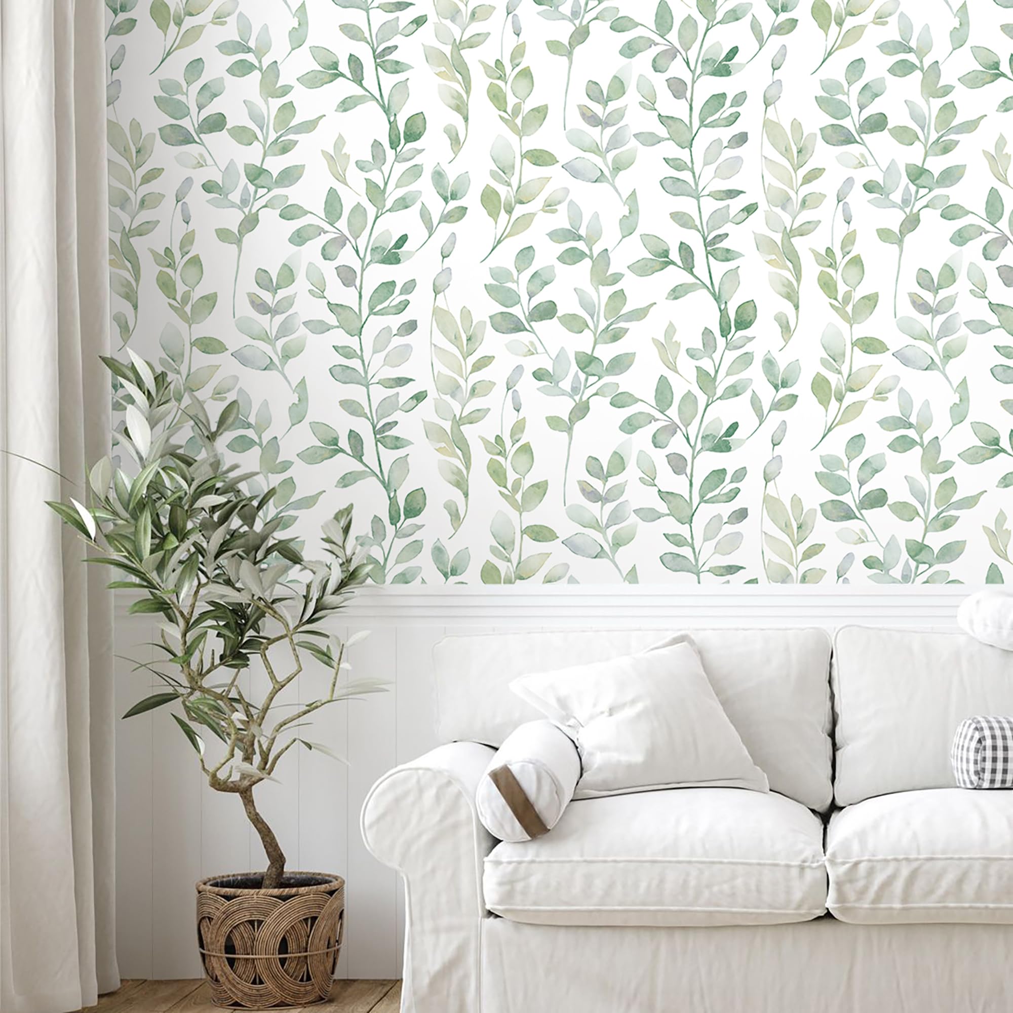 MelunMer Leaf Wallpaper Peel and Stick Wallpaper Boho Green Contact Paper for Cabinets Neutral Wallpaper for Bathroom Self-Adhesive Removable Wallpaper for Bedroom Decor Mural Waterproof 17.3"×78.7"