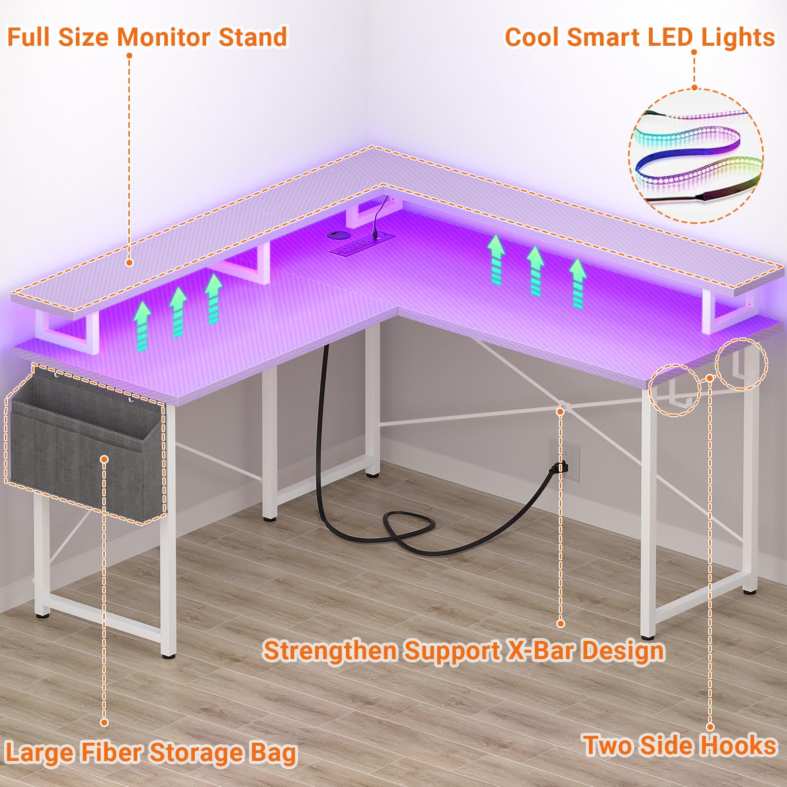 armocity L Shaped Computer Desk with Power Outlets, Gaming LED Lights, Corner Storage Shelves, Work Study for Bedroom, Home Office Small Spaces, 47'', Carbon Fiber Purple