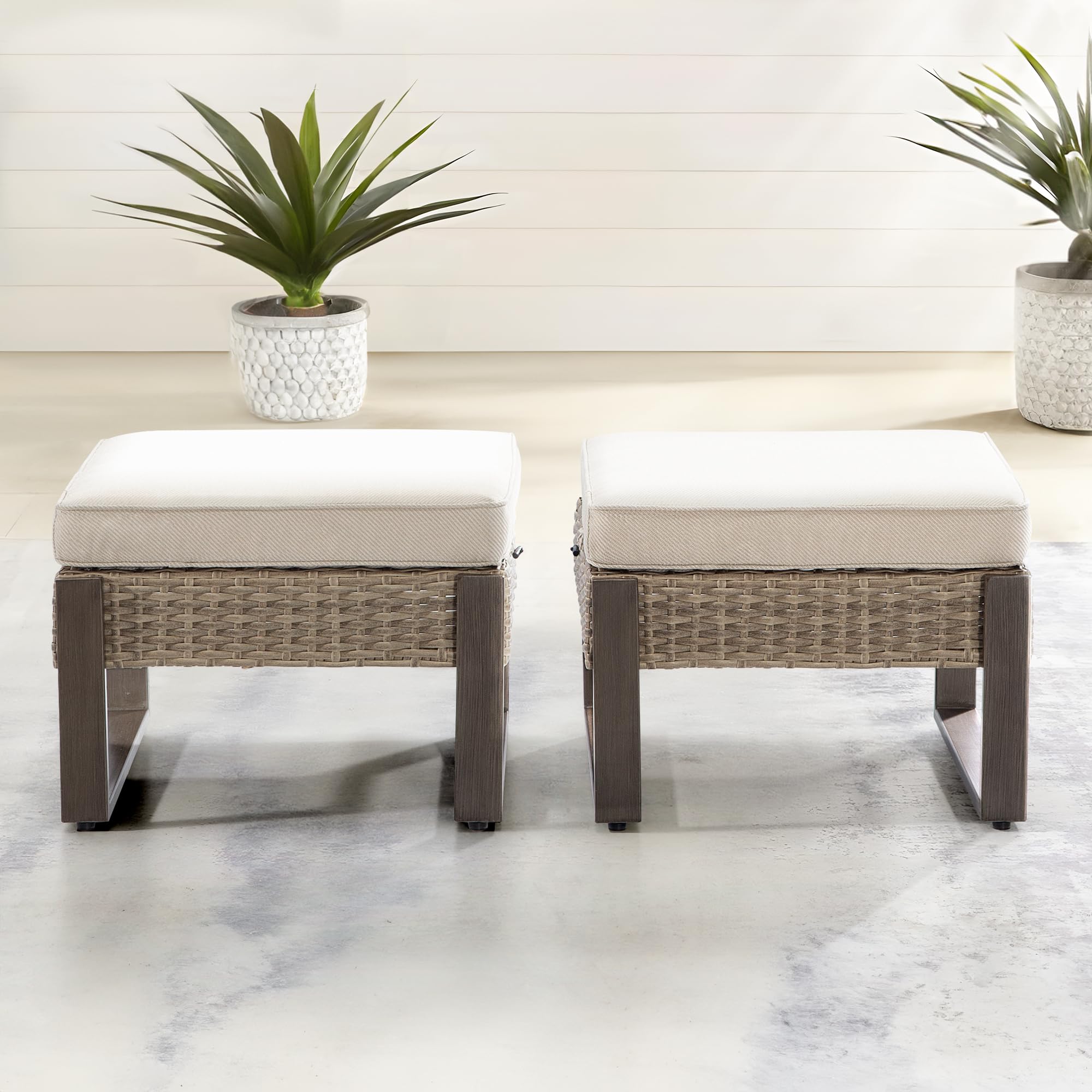 Gardenbee 2 Pieces Outdoor Patio Ottoman, All-Weather PE Rattan Ottomans Footstools with Removable Cushions & Anti-Rust Steel Frame Legs for Garden Backyard Porch Deck, Beige