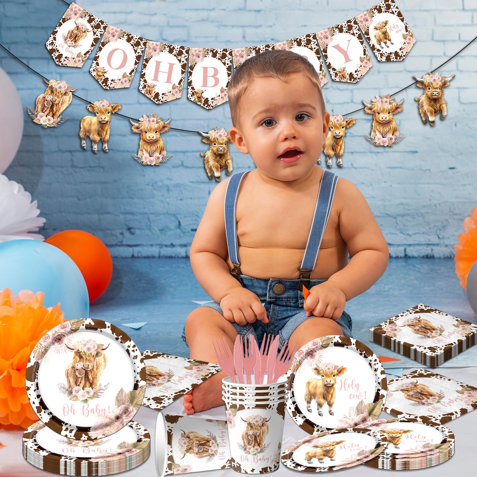 142Pcs Highland Cow Birthday Plates and Napkins,Highland Cow Baby Shower Decorations Brown Cow Print Party Supplies for Baby Shower,Holy Cow Party（20 Guests）