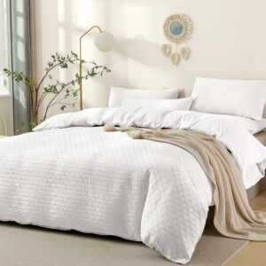 JELLYMONI Bright White Duvet Cover King Size - 3 Pieces Soft and Breathable Microfiber Knitted Jacquard Waffle Weave Striped Comforter Cover with 8 Corner Ties & Zipper Closure