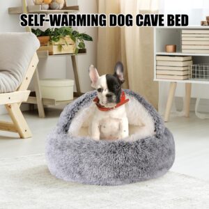 Calming Dog Beds & Cat Cave Bed with Hooded Cover,Washable Round Beds for Small Medium Pets,Anti-Slip Faux Fur Fluffy Coved Bed,Comfortable Warming Pet Bed (20 * 20inch,Grey)