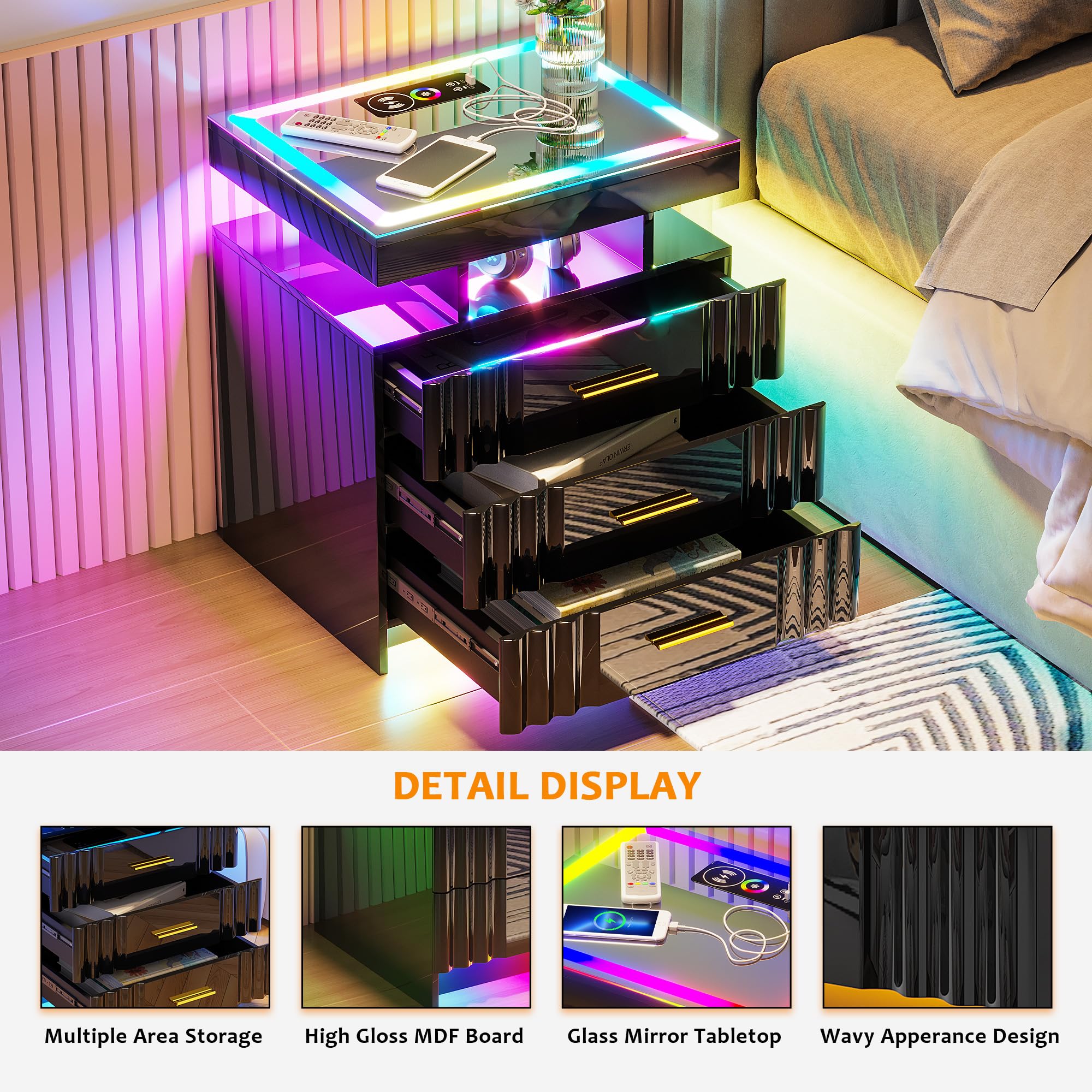 SKKTKT Night Stand Set of 2 with Wireless Charging Station,RGB LED Nightstand with Glass Top and 3 Drawers, Bedside Table with Auto-on/Off Light, Modern End Side Table for Bedroom, Black