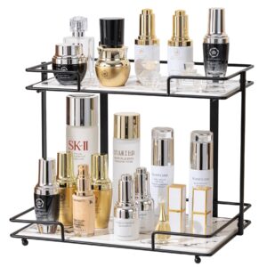 qttcmy 2 tier bathroom cabinet countertop organizer perfume lipstick makeup organizer cosmetics storage display rack vanity tray metal dresser storage shelf white marble ceramic tray black