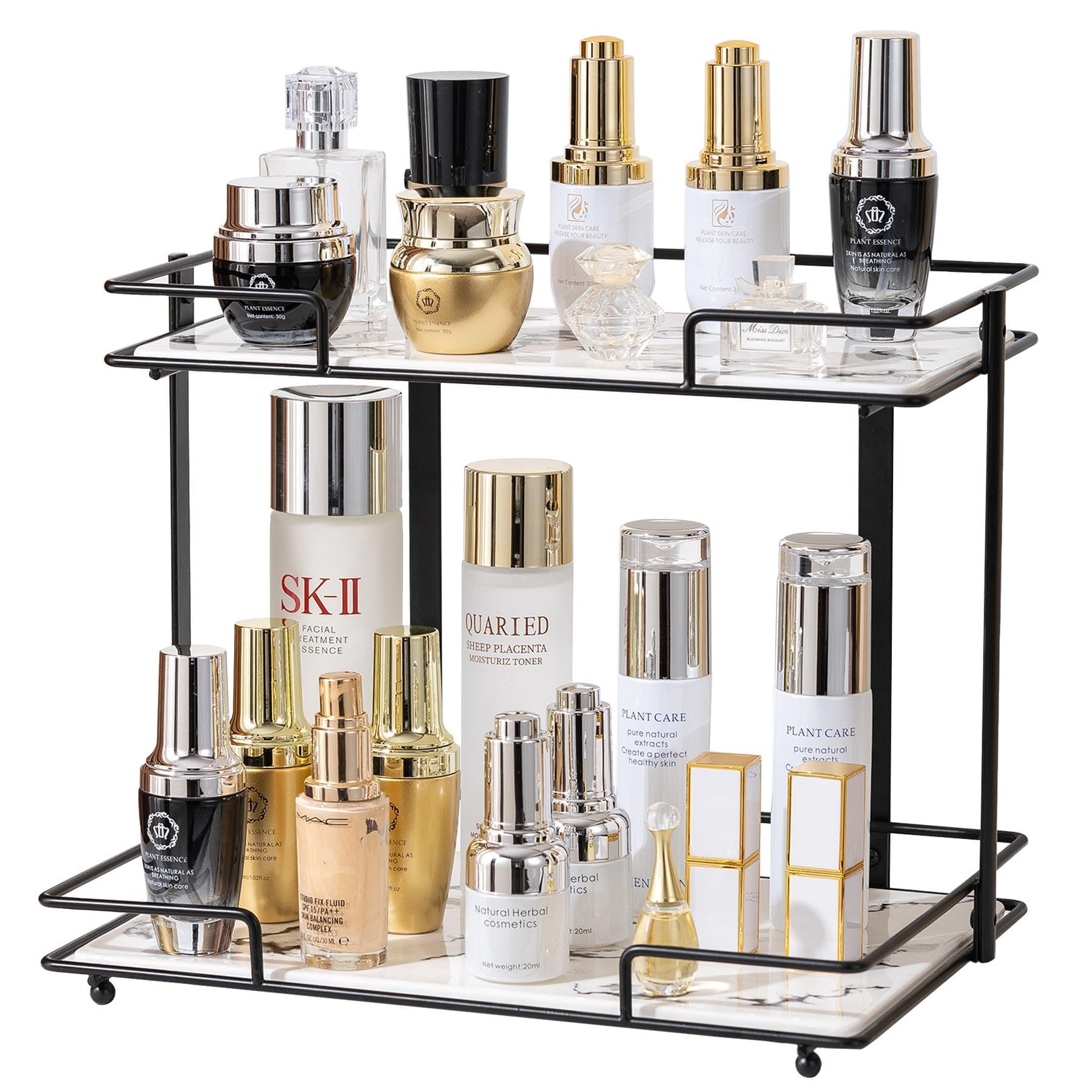 QTTCMY 2 Tier Bathroom Cabinet Countertop Organizer Perfume Lipstick Makeup Organizer Cosmetics Storage Display Rack Vanity Tray Metal Dresser Storage Shelf White Marble Ceramic Tray Black